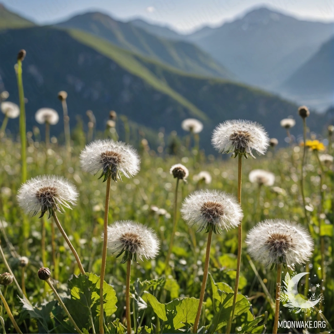 Close-up of dandelions in a calm field with blurred mountain background.