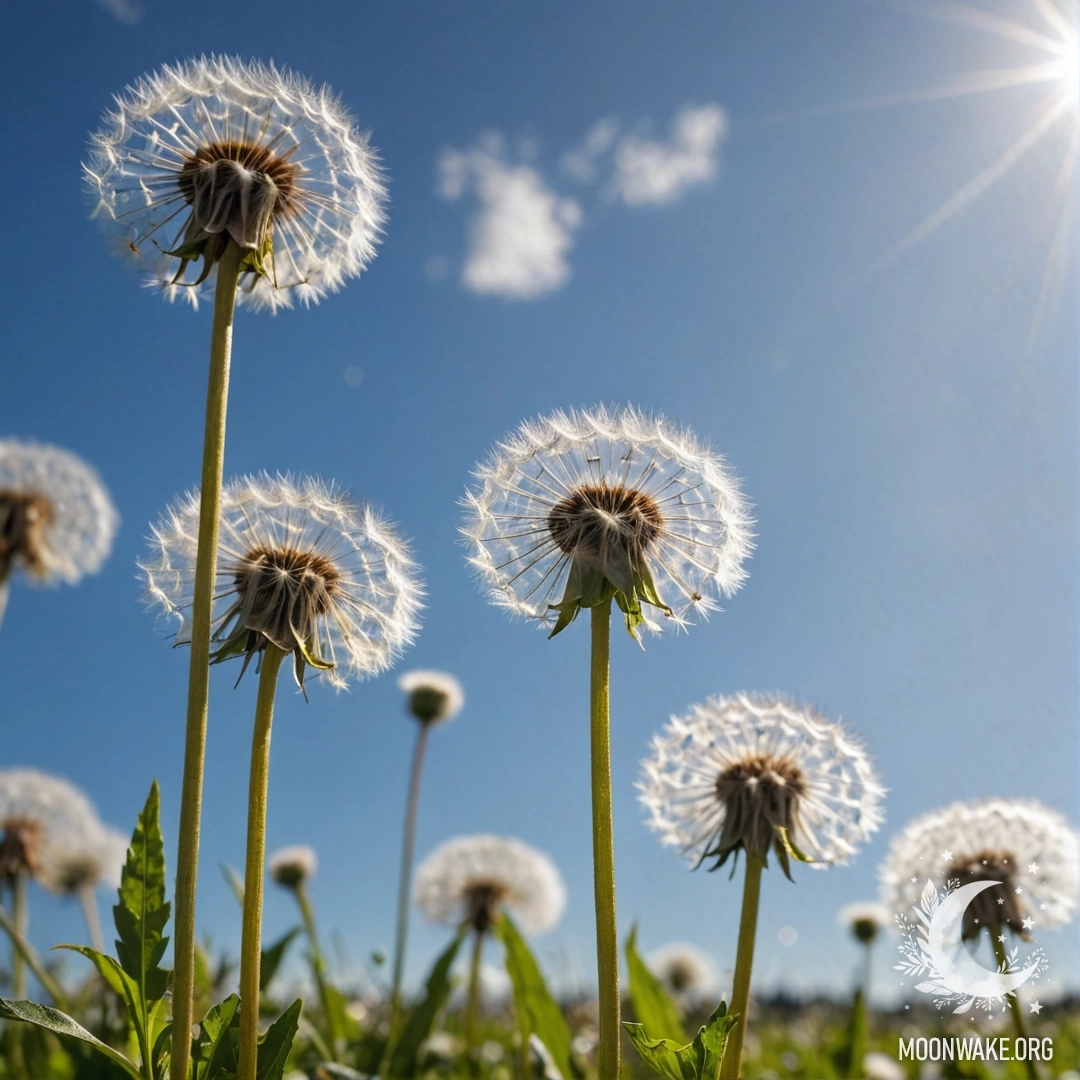 A close-up view of dandelions in a calm field against a blurred sky.