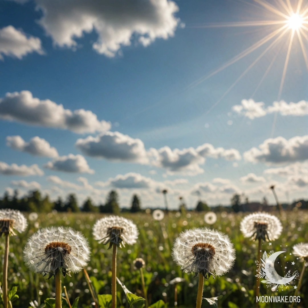 Close-Up of Dandelions in a Serene Field A close-up of dandelions in a calm field under a bokeh sky with clouds and sun rays.
