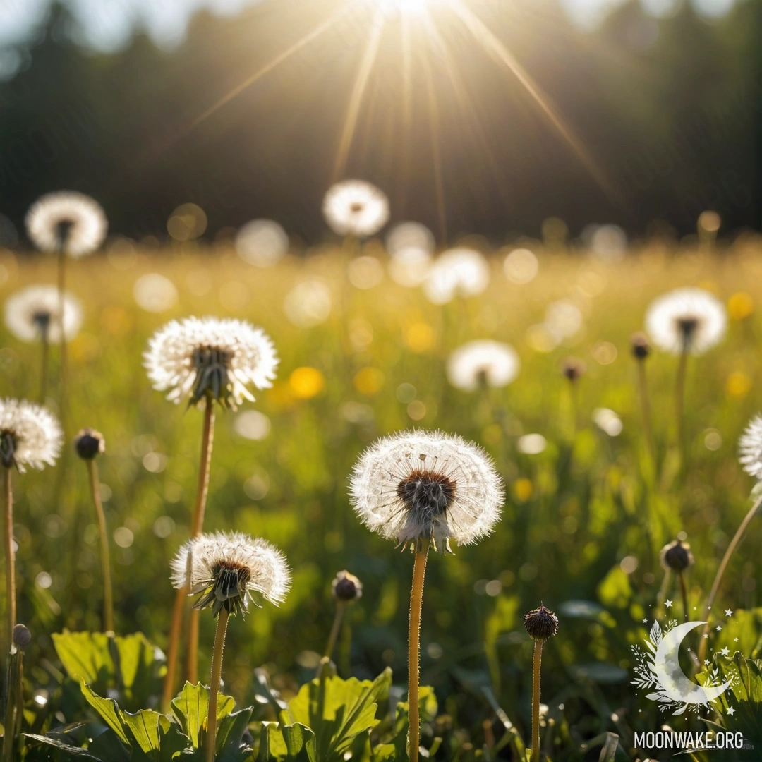 Close-up of dandelions in a field with blurry flowers and lens flares.
