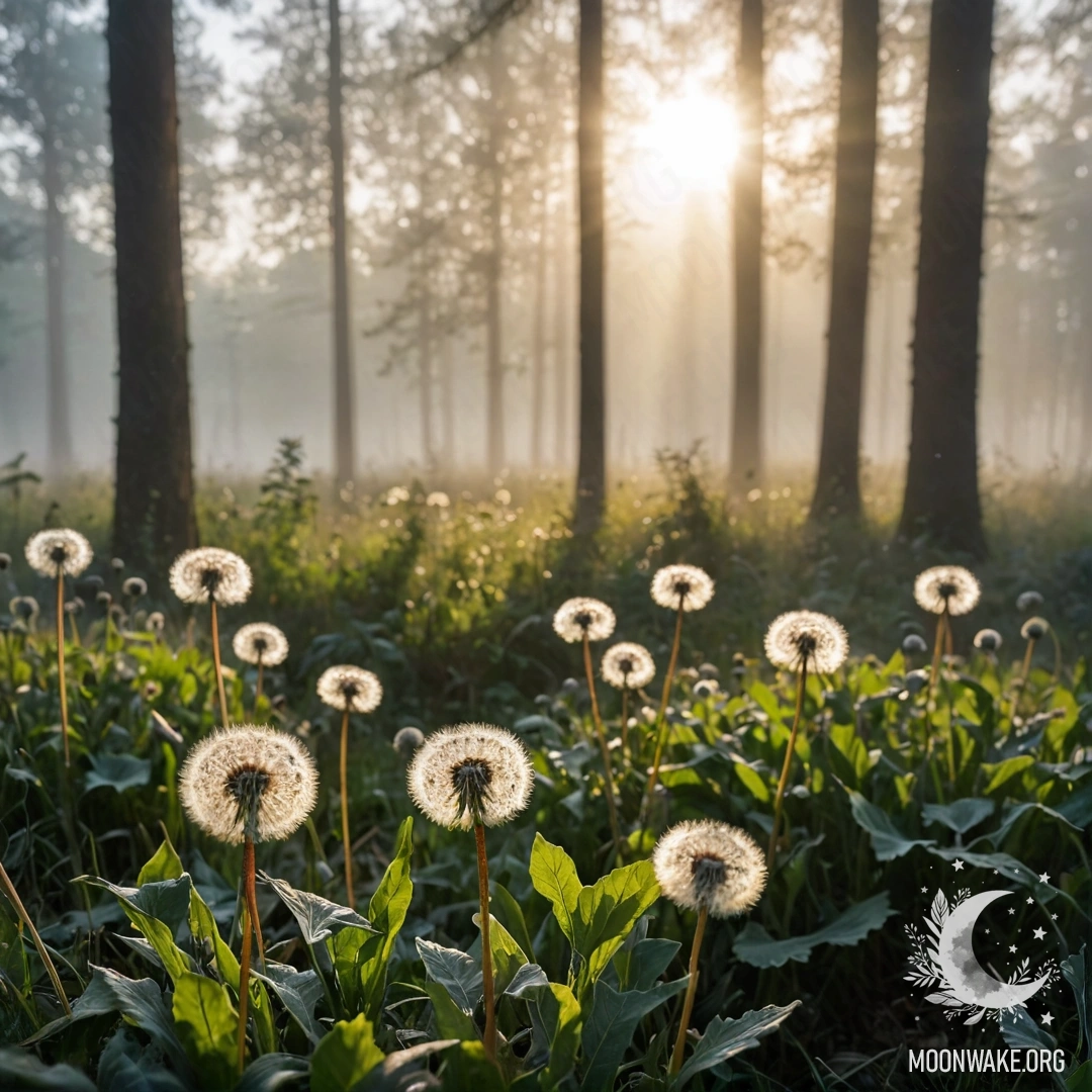 Close-up of dandelions in a serene field, glimpses of a forest and sun rays through the mist.