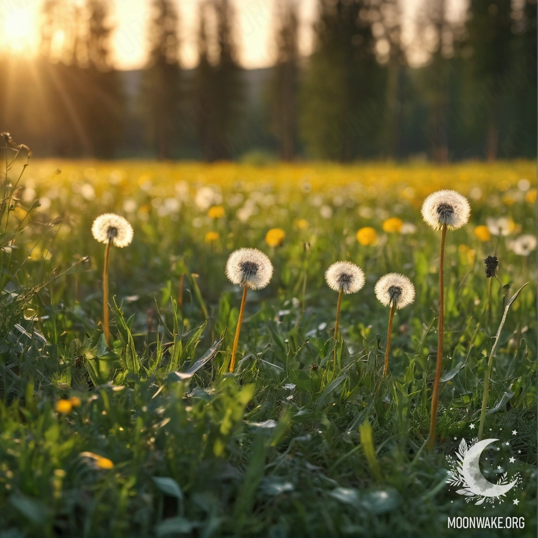 Close-up view of dandelions with a soft-focus forest background at sunset.