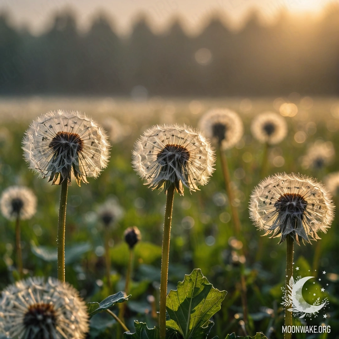 Serene Dandelion Field at Sunset Close-up of dandelions in a foggy field during sunset, with blurred background.