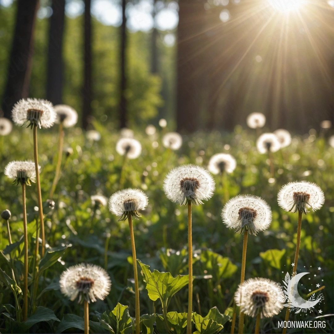 Close-Up of Dandelions in a Serene Field Close-up view of delicate dandelions in a peaceful field, with a bokeh forest background and sun rays filtering through.