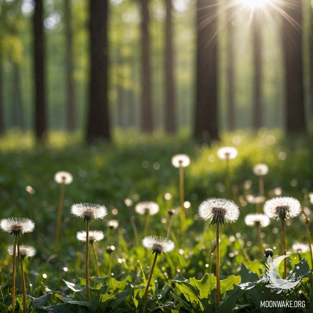 Dandelion Field with Bokeh A close-up view of delicate dandelions in a serene field, blurred forest in the background with soft sunlight piercing through the rain.