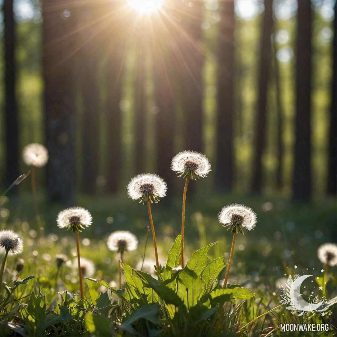 A close-up view of dandelions in a calm field with a blurred forest background, illuminated by sun rays and lens flares.