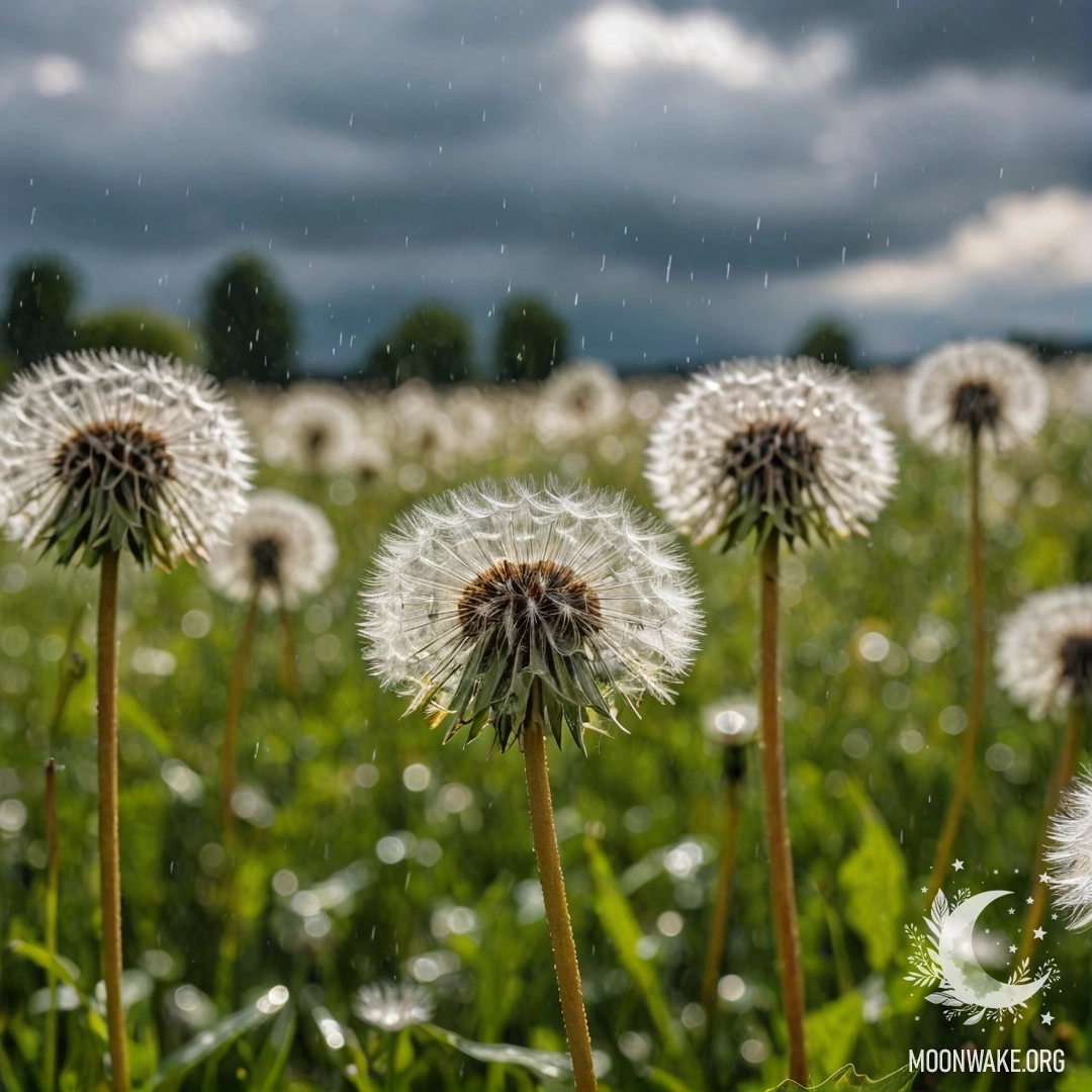 Close-Up of Dandelions in a Calm Field A close-up view of dandelions in a tranquil field with a blurred sky.
