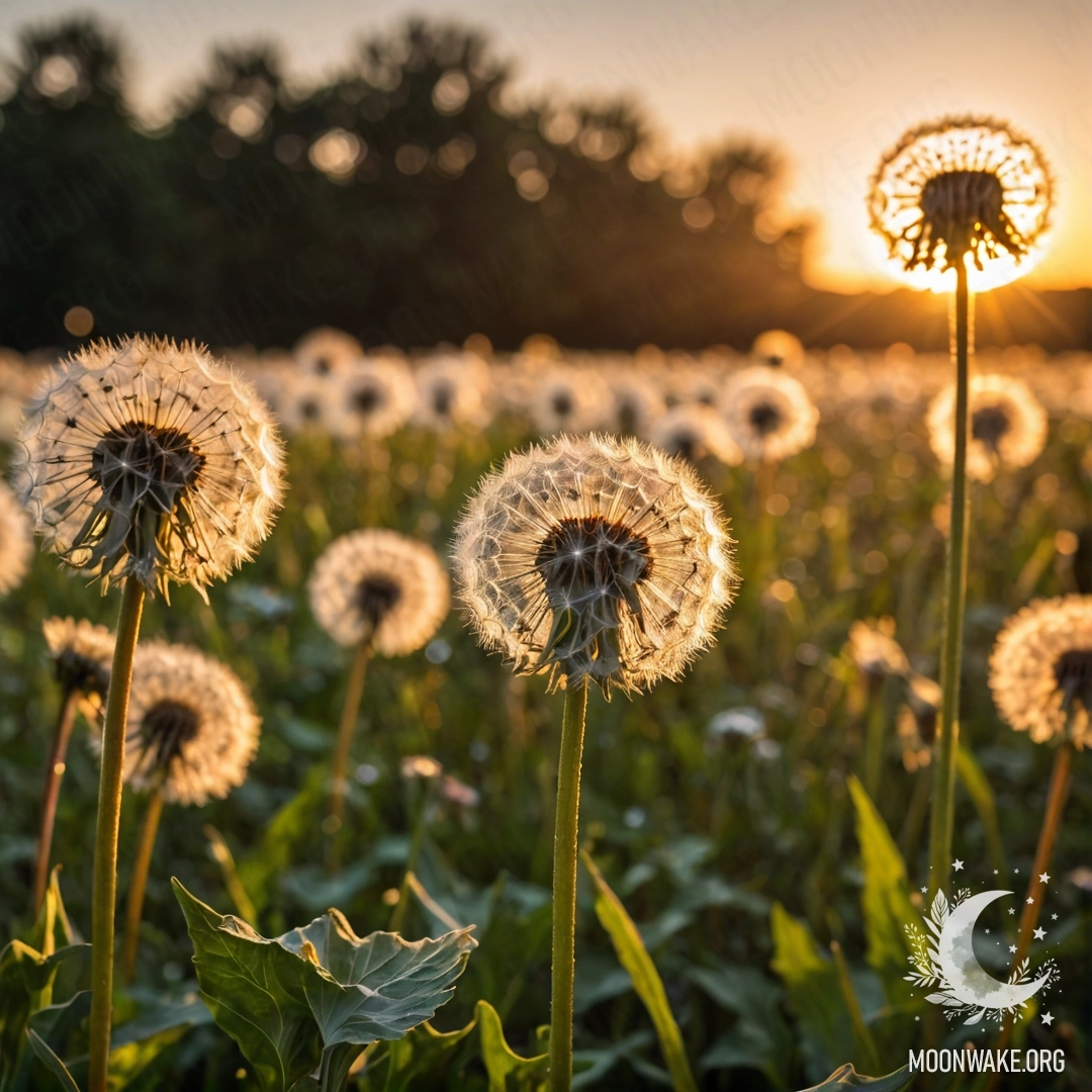 Close-Up of Dandelions at Sunset Close-up view of dandelions against a bokeh sunset with lens flares.