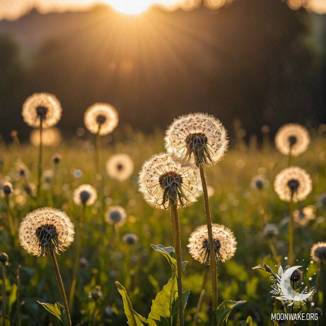 Close-up of dandelions in a calm field with bokeh flowers in the background during sunset.