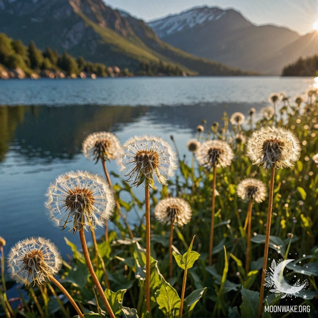 Close-up of dandelions with a blurred background of a mountain lake at sunset.