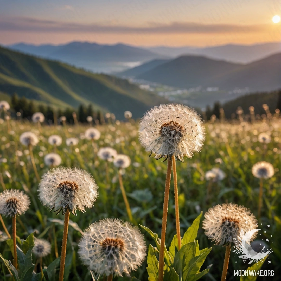 Close-up of dandelions in a serene field with a bokeh mountain background during sunset.