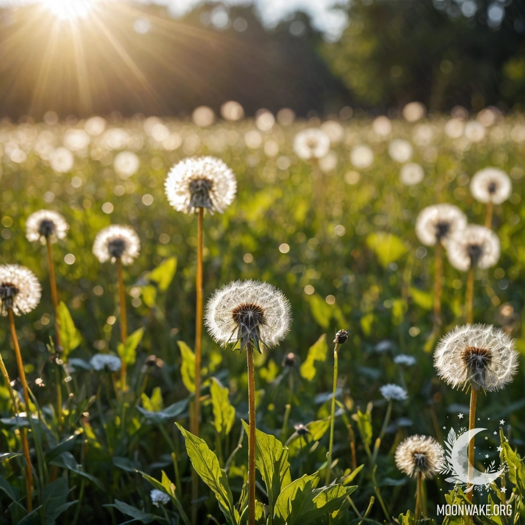 Close-Up of Calm Dandelion Field A close-up view of dandelions in a calm field, with blurred flowers and lens flares in the background.