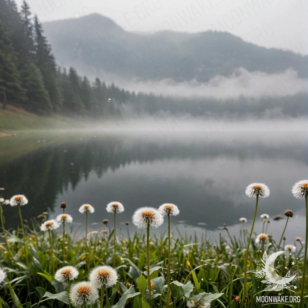 Close-up of dandelions in a calm field, with a misty mountain lake in the background.