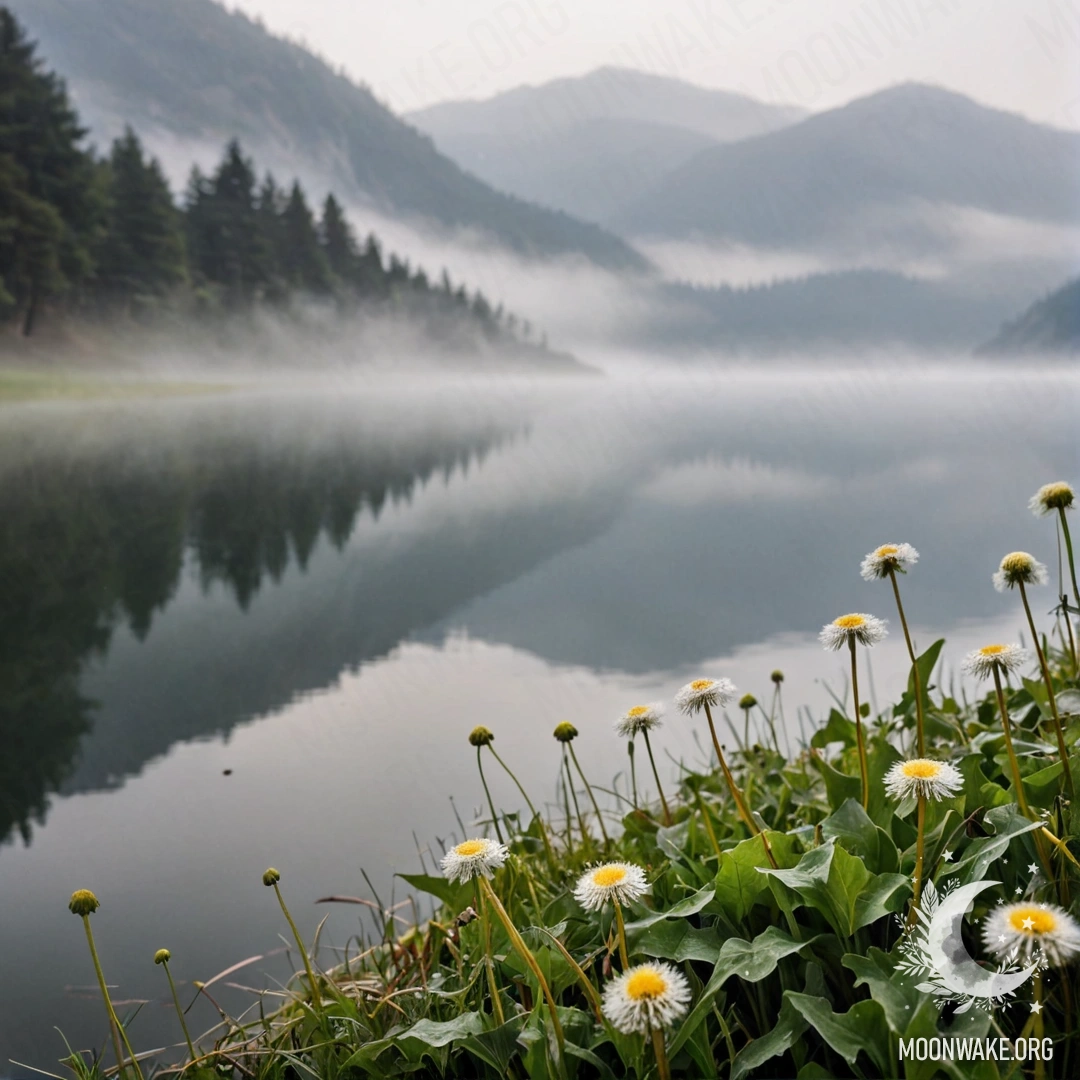 Calm Dandelion Field with Misty Mountain Lake A close-up view of dandelions in a calm field, with a misty mountain lake in the background shrouded in heavy fog.