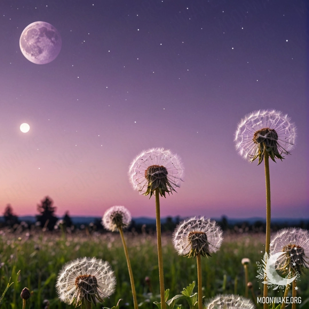 Calm Field of Dandelions Under Moonlight Close-up of dandelions in a calm field with a pink violet sky and moon.