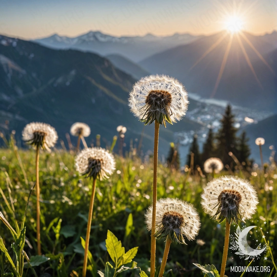 Serene Dandelion Field with Majestic Mountains Close-up of dandelions in a calm field with blurry mountains in the background.