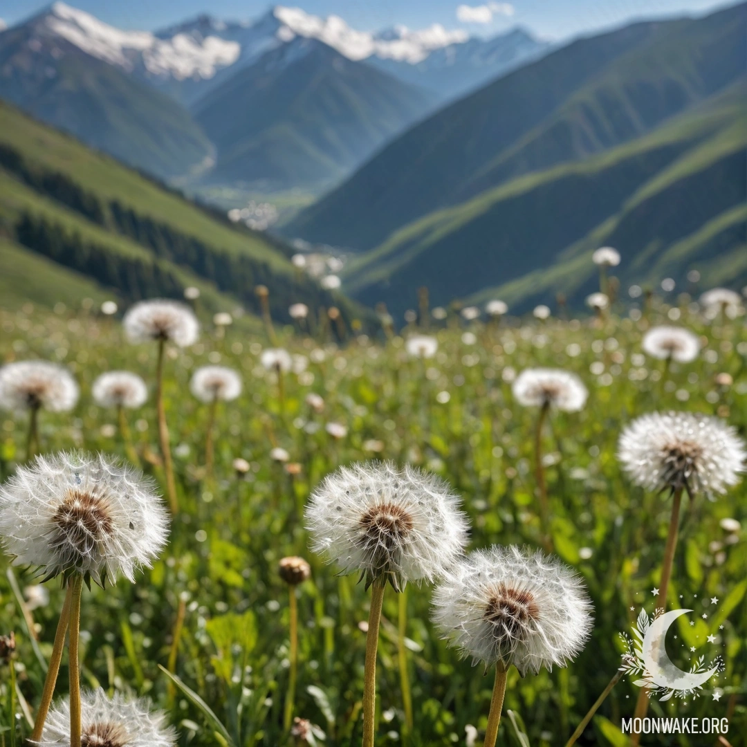 Close-up of dandelions in a calming field with blurred mountains in the background.