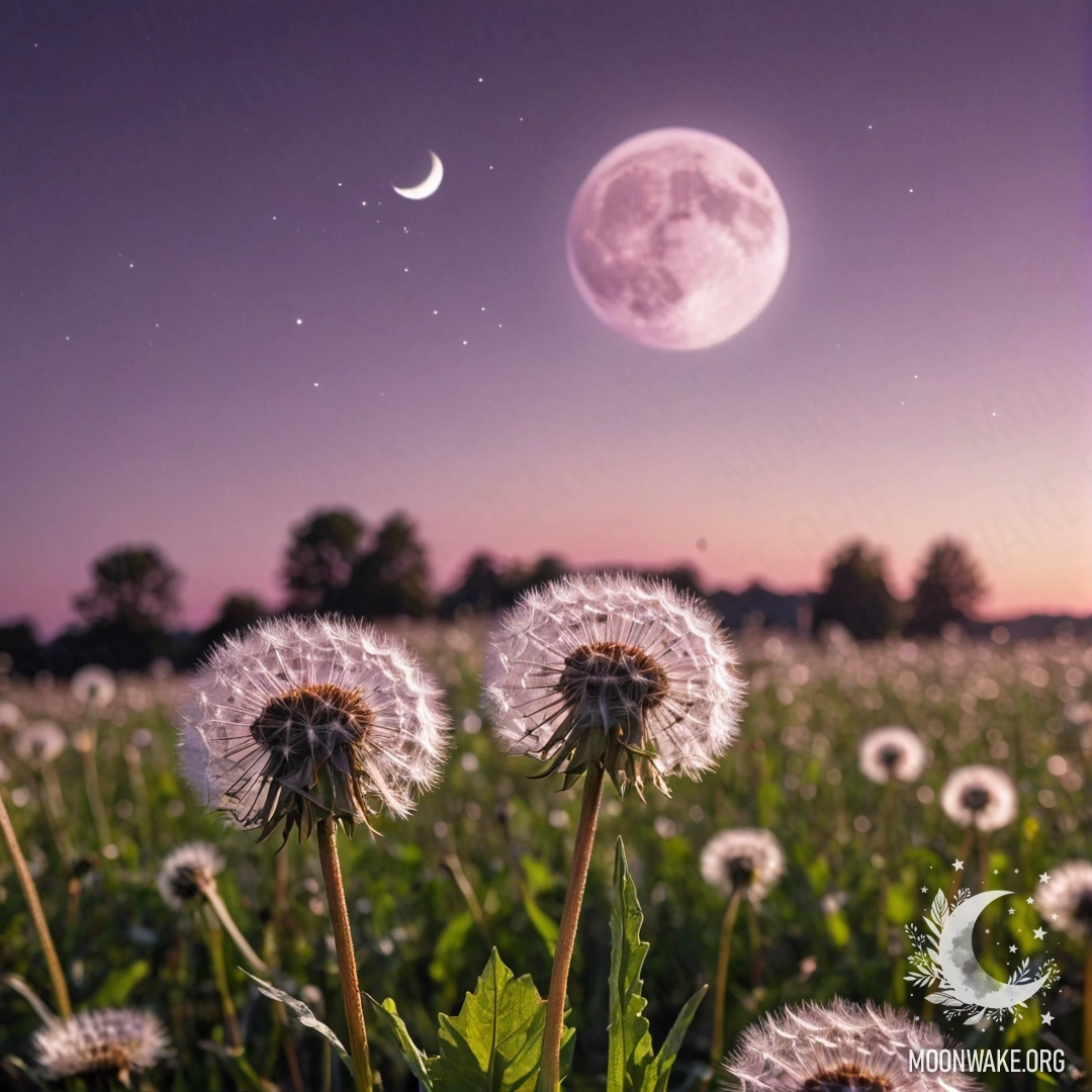 Close-up of dandelions in a calm field with a pink violet sky and the moon.
