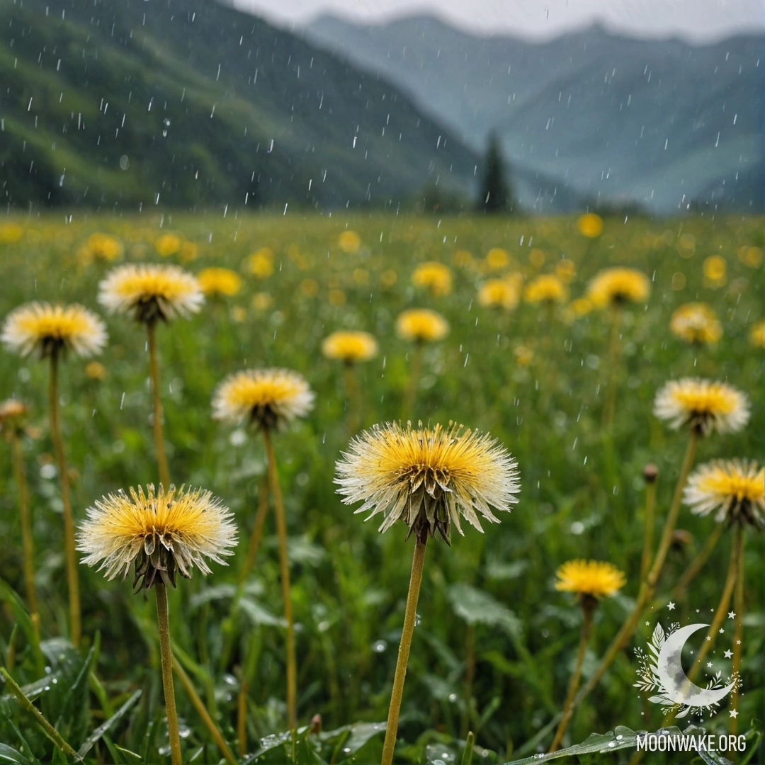 Calm Field of Dandelions Under Rain Close-up of dandelions in a field with mountains in the background under rain.