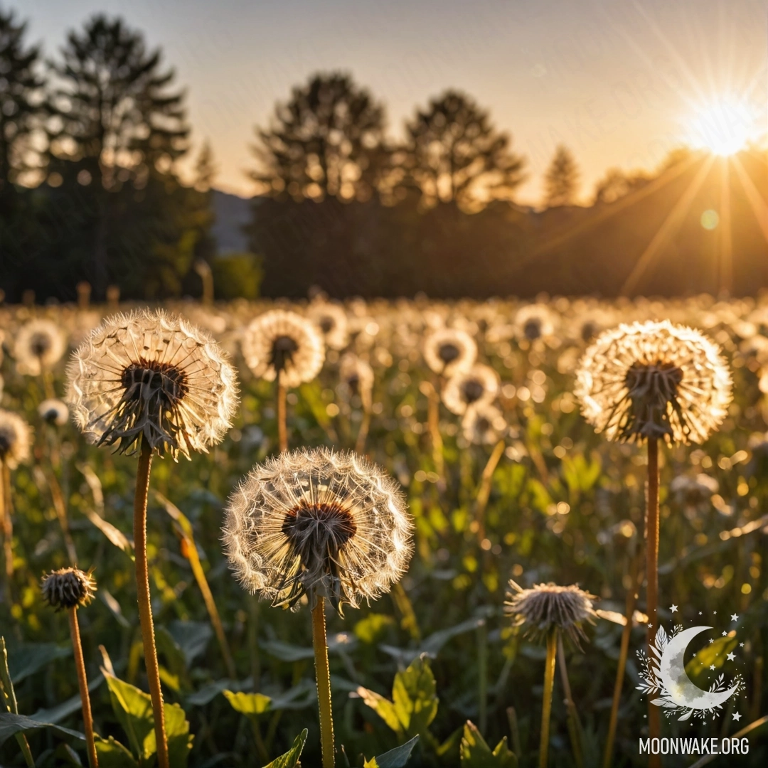 Close-up of dandelions in a field against a sunset bokeh background.