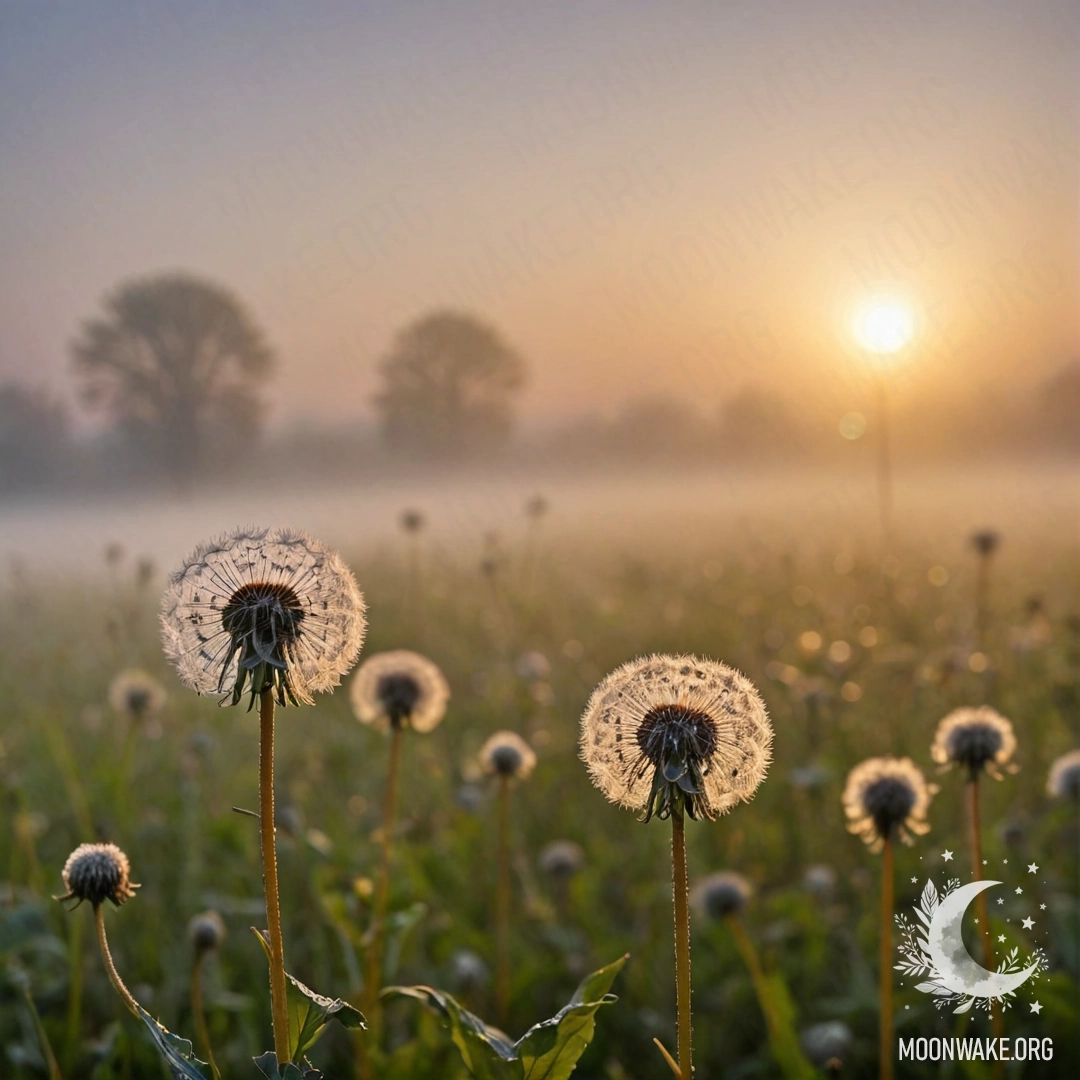 Serene Dandelions in Bokeh Sunset Close-up of dandelions in a calm field, blurred sunset in the background with dense mist