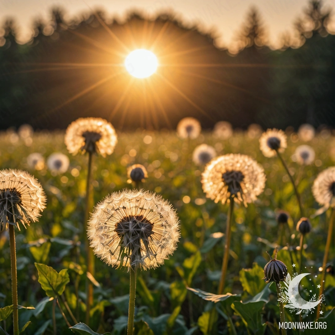 Calm Sunset Over Dandelion Field Close-up of dandelions in a field during sunset with bokeh effects.