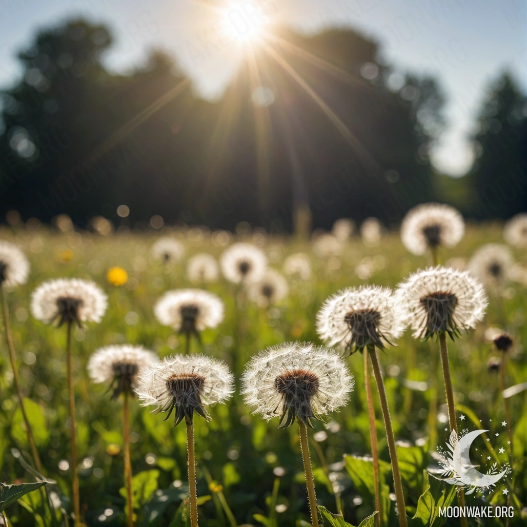 A close-up view of dandelions in a field against a blurred sky.