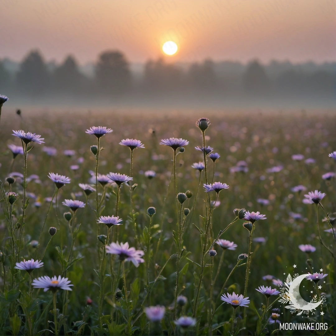 Calm Sunset Field with Flowers Close-up of flowers in a foggy field during sunset at night.