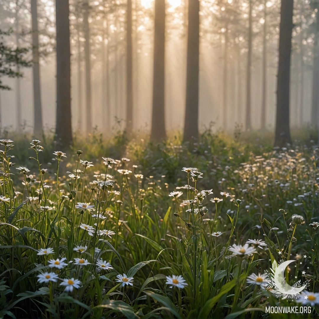 Close-up of flowers in a calm field with a blurred forest background and sun rays through mist