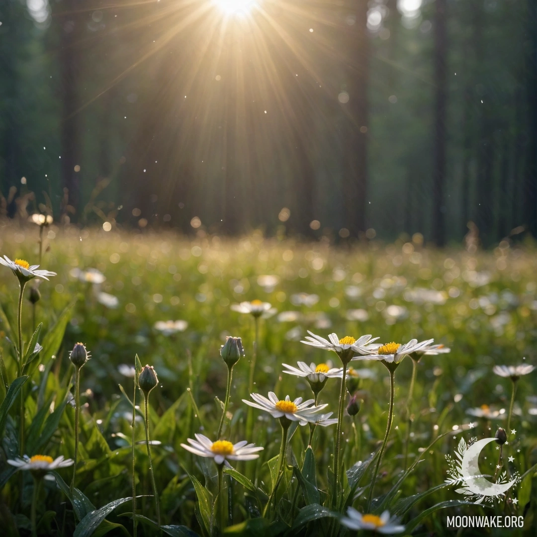 Serene Floral Elegance in Nature Close-up of colorful flowers in a calm field with a blurred forest background and sun rays shining through rain.
