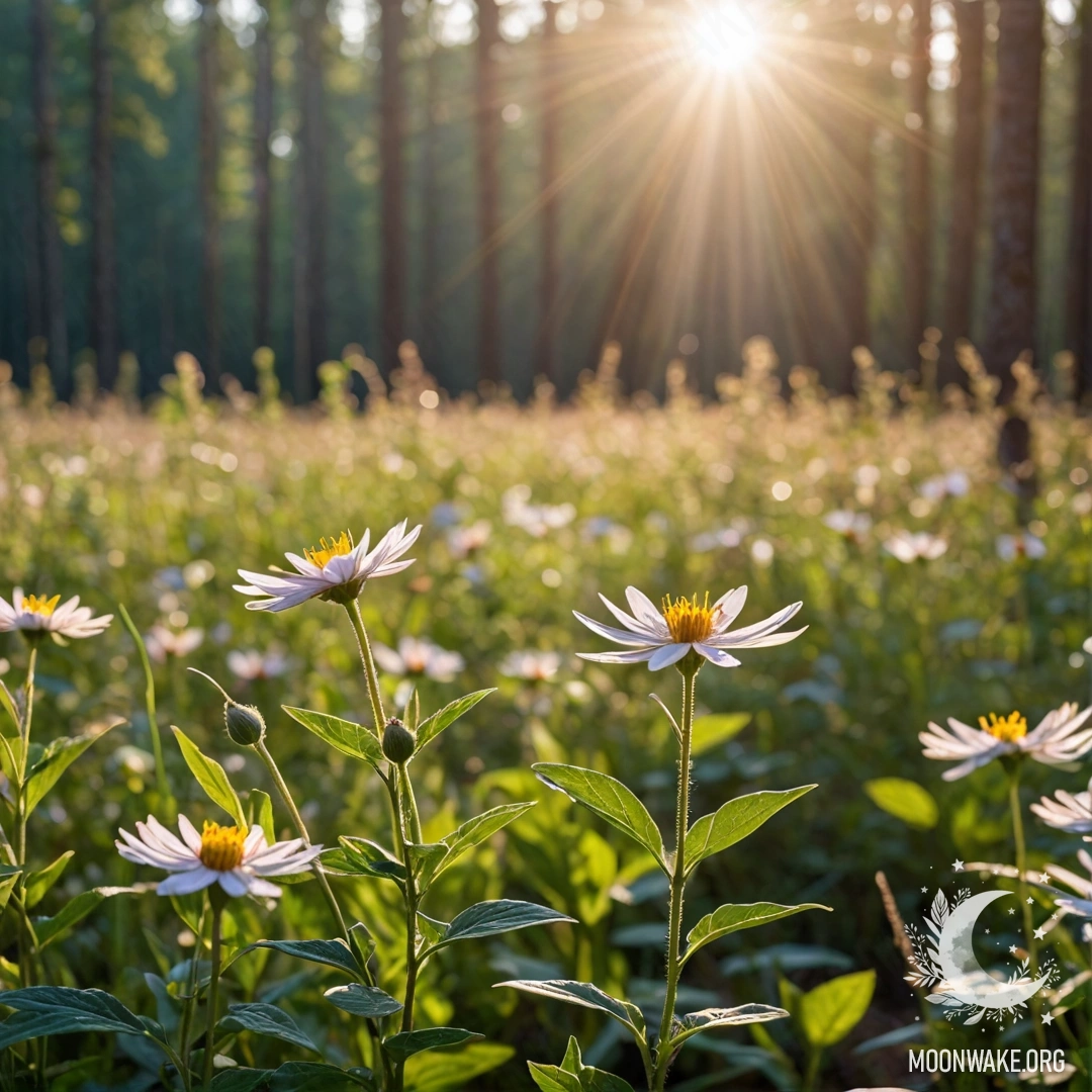 Close-up of colorful flowers in a calm field with a blurred forest background and sun rays filtering through.
