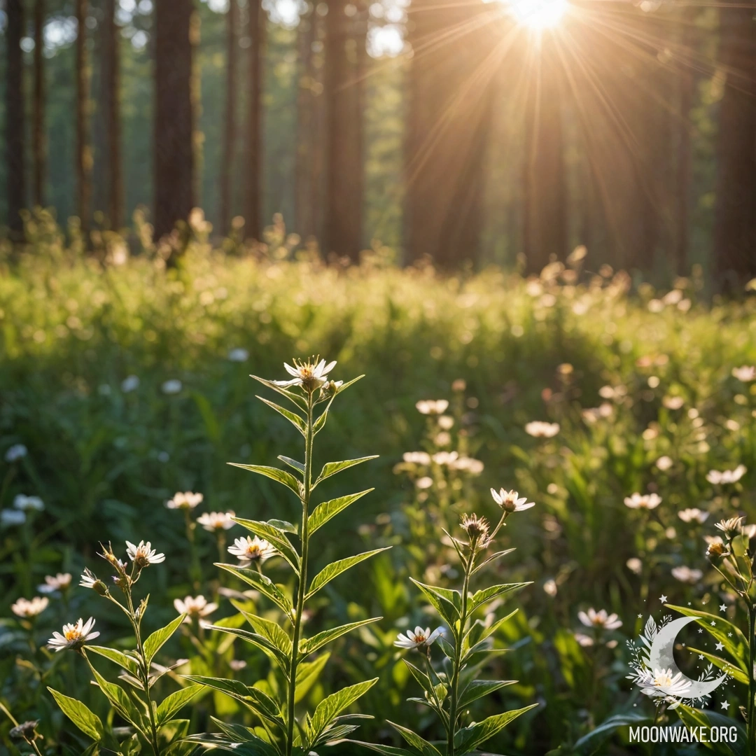 Calm Field Flowers with Bokeh Forest Close-up of colorful field flowers illuminated by sun rays, with a blurred forest background.