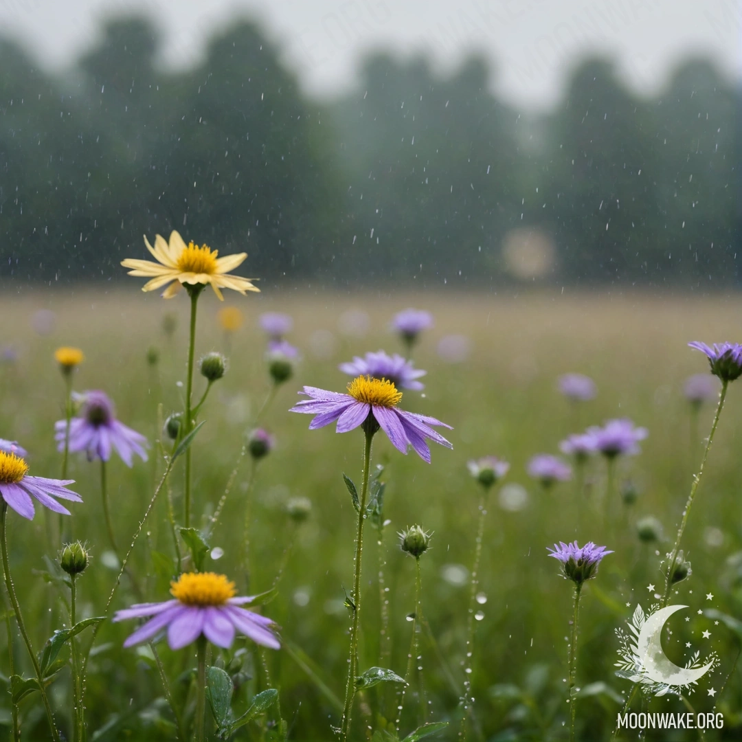 Close-up of vibrant flowers in a field, blurred background of rain and bokeh lights.
