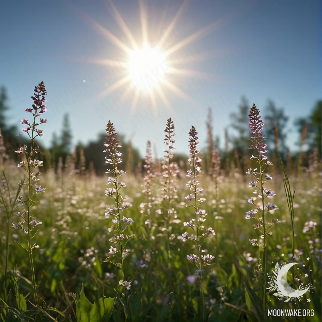 Calm Field of Flowers Under Bokeh Sky Close-up of delicate flowers in a calm field with a bokeh background and sun rays