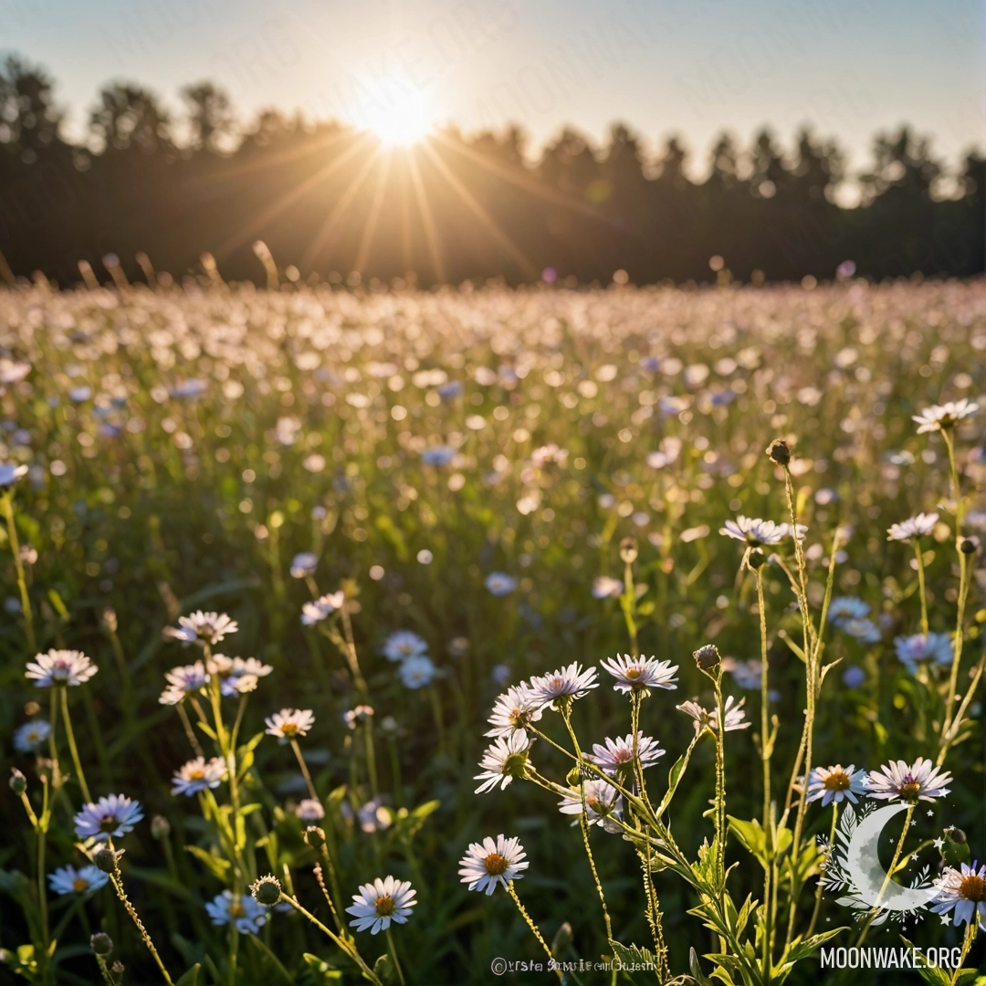 A close-up view of colorful field flowers against a blurred sky with sun rays.