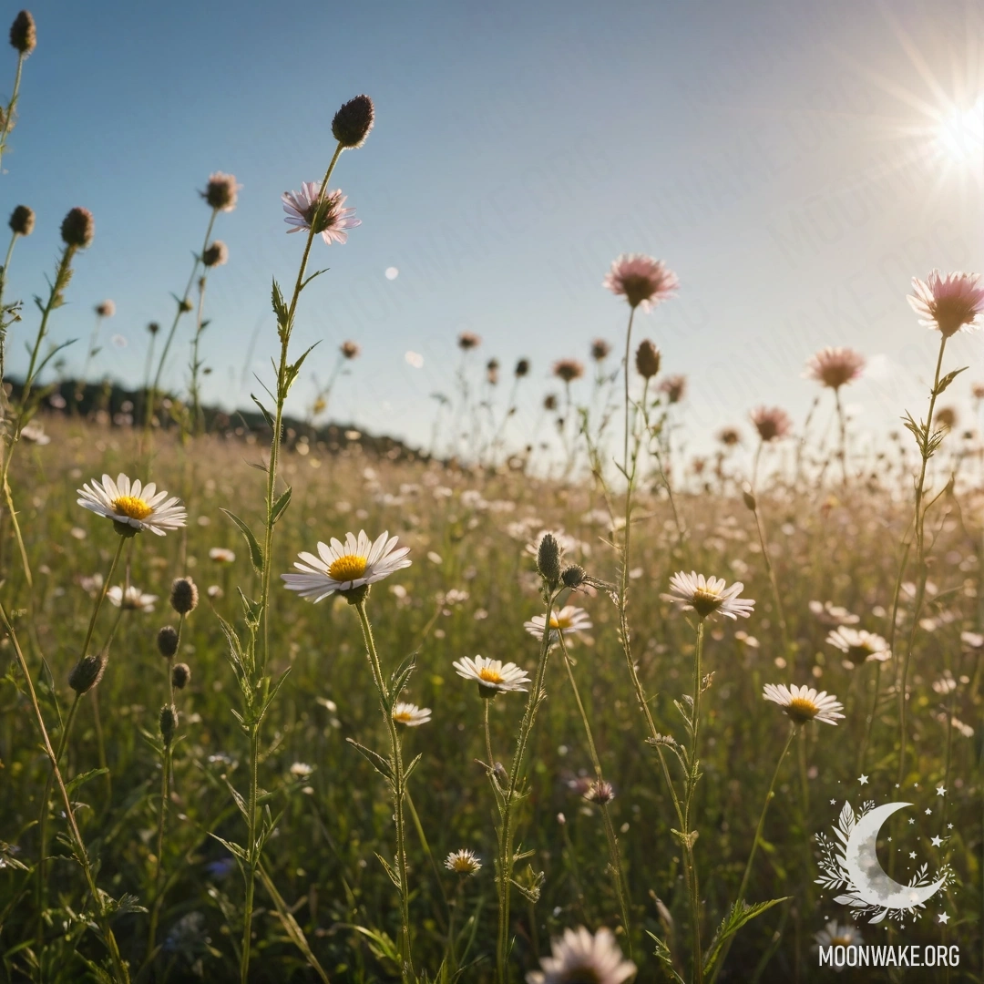Calm Field of Flowers Under a Bokeh Sky Close-up of flowers in a calm field with a blurred sky in the background.