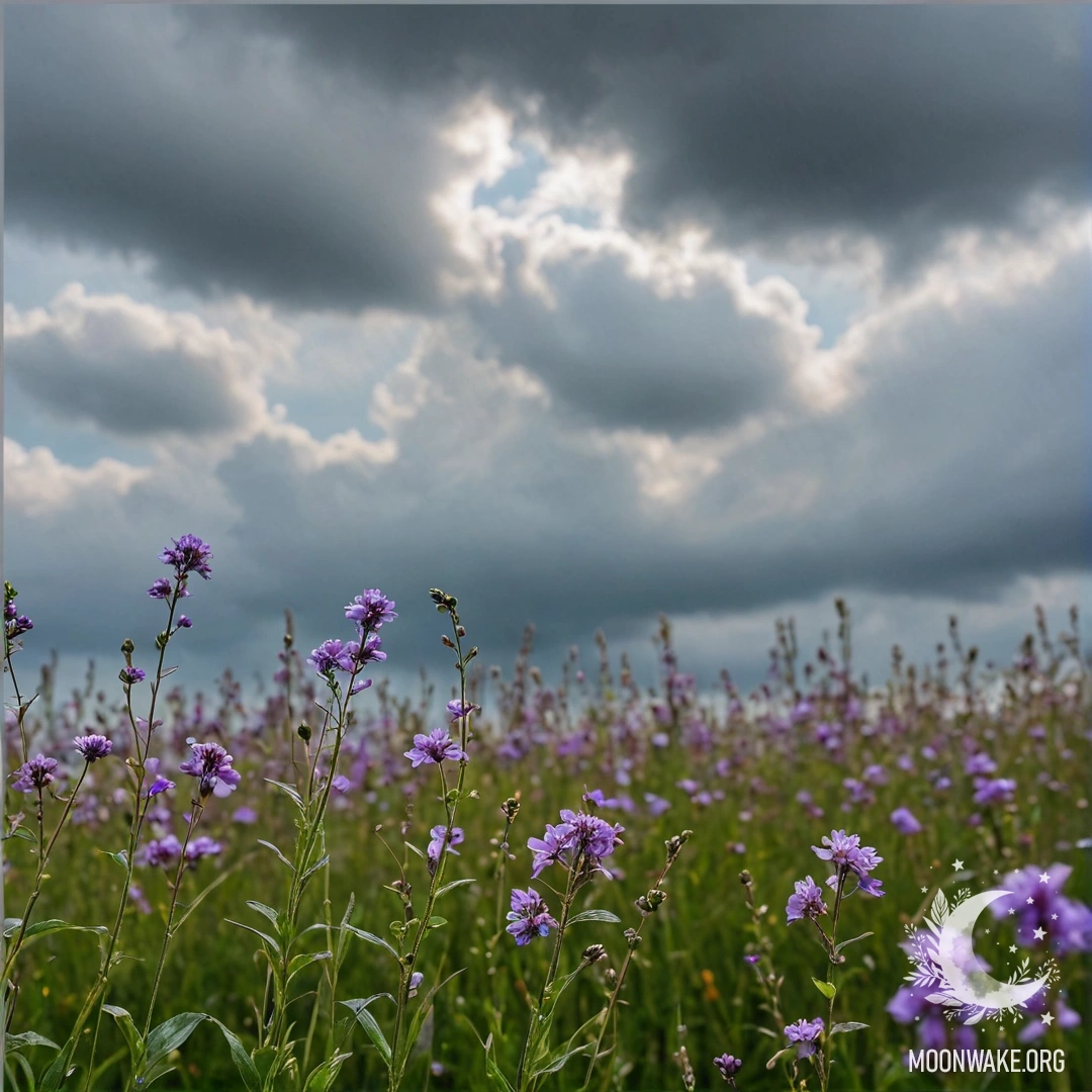Calm Field of Flowers Under Rainy Sky A close-up view of colorful flowers in a field against a blurred sky filled with clouds and rain.