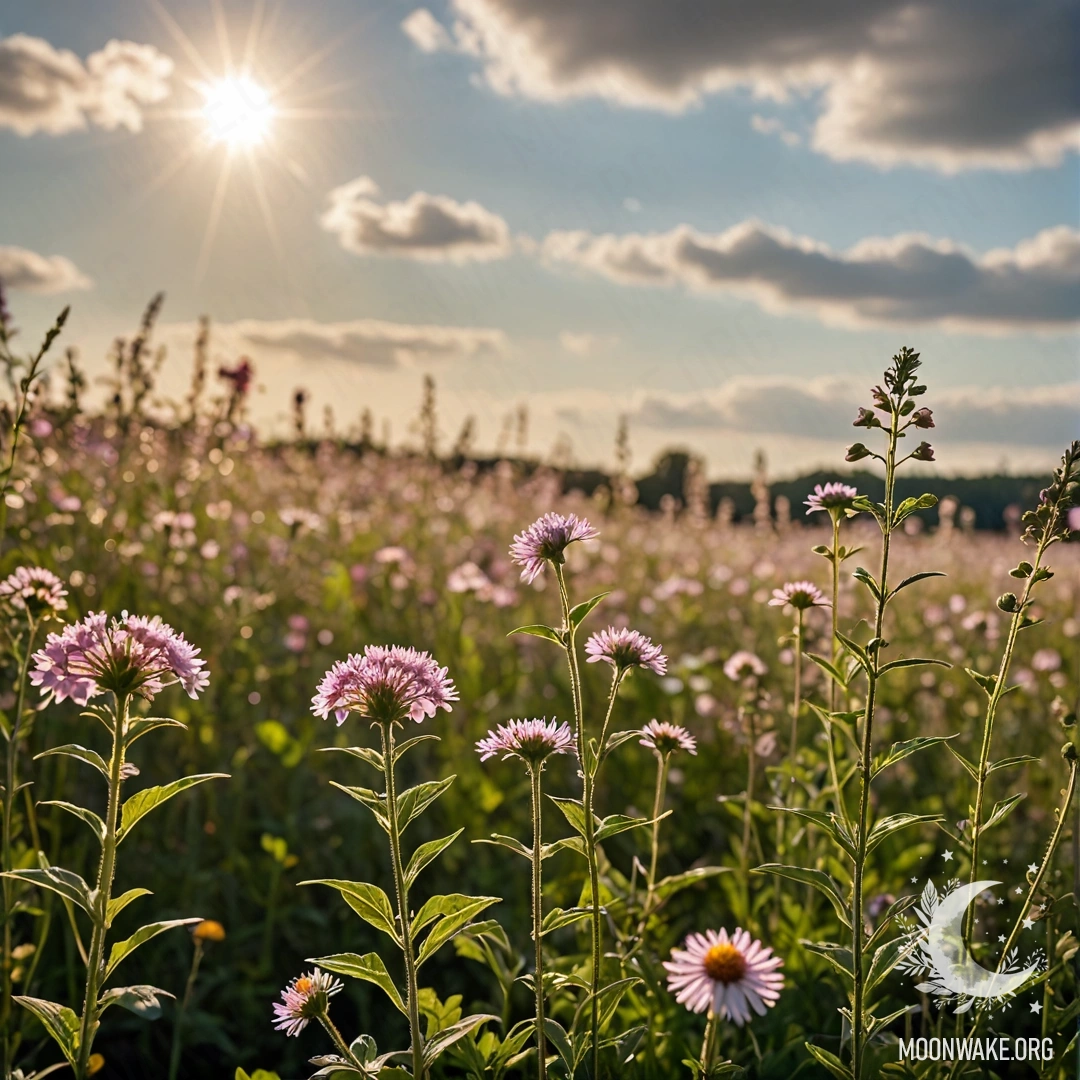 A close-up view of colorful flowers in a field with a blurred sky and clouds illuminated by sun rays.