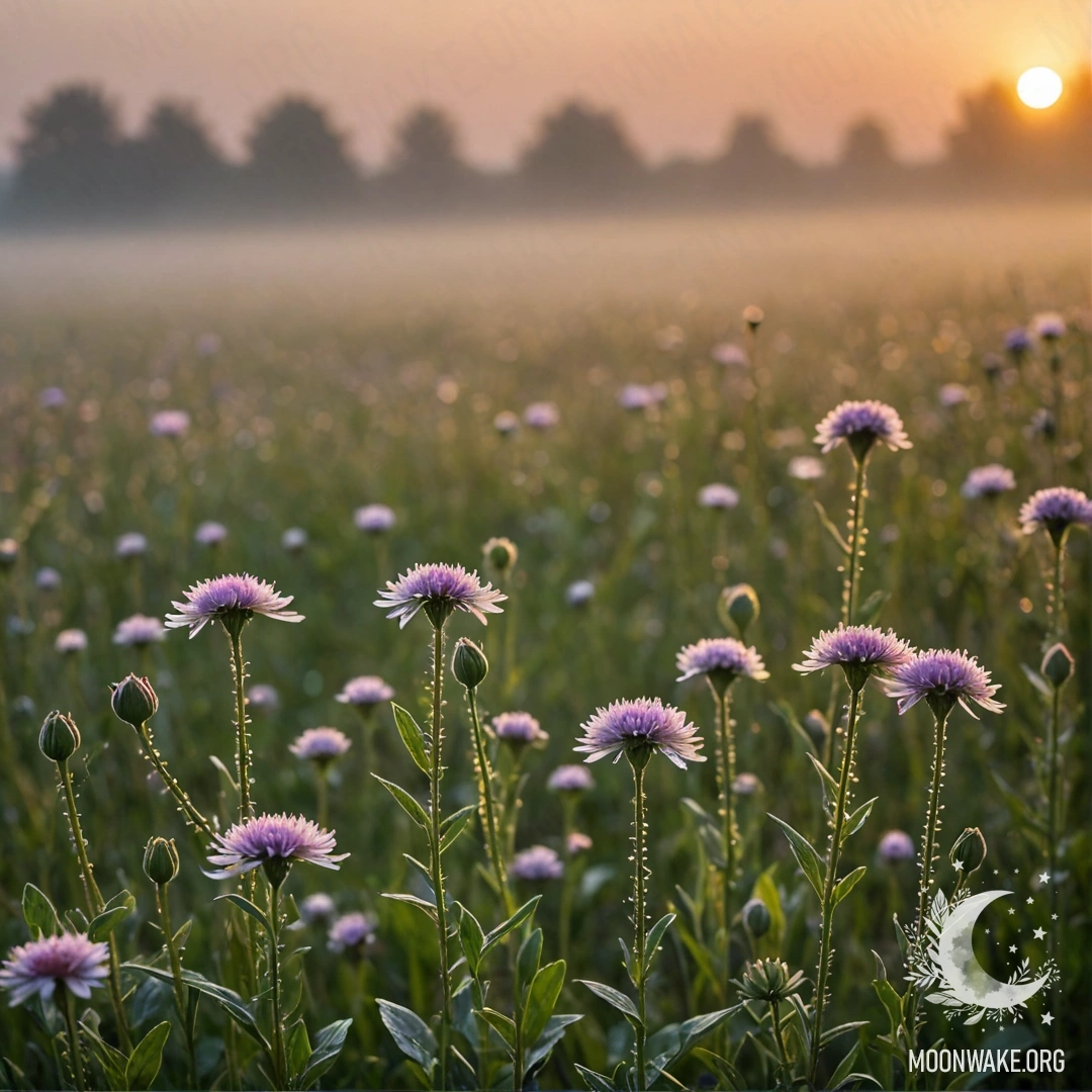 Close Up of Calm Field Flowers at Sunset A close-up view of delicate flowers in a calm field, against a blurred background of a foggy sunset with raindrops.