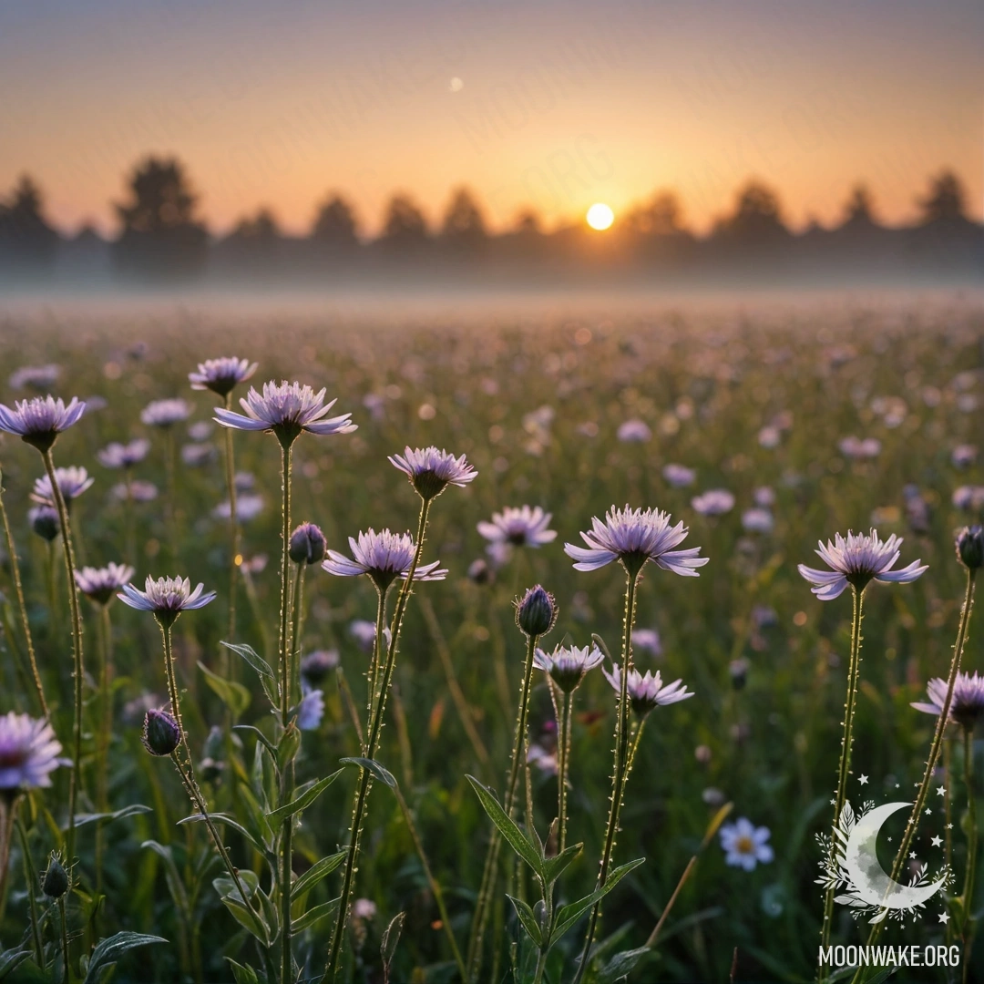 Close-up of colorful flowers in a calm field against a bokeh background with fog and a sunset glow.