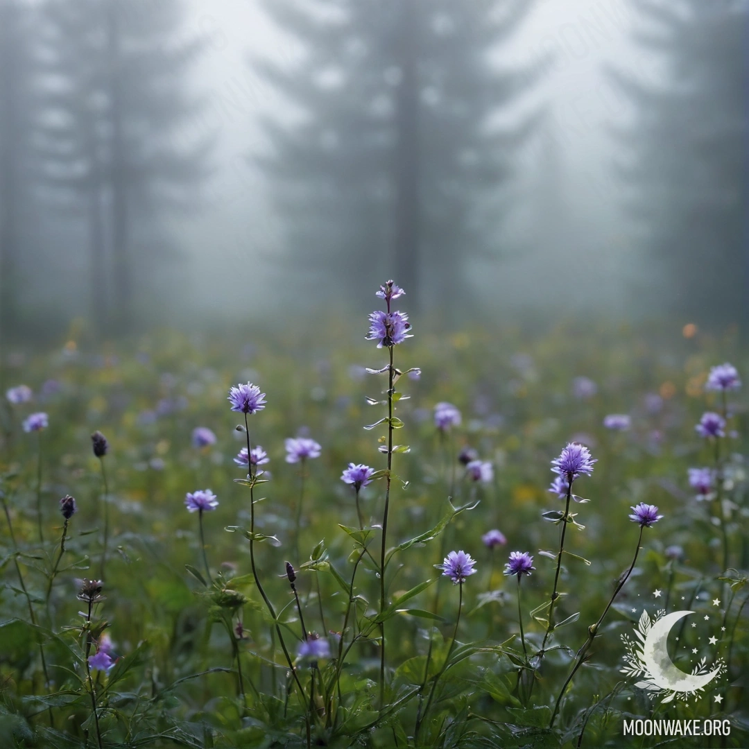 Close-up of delicate flowers in a calm field with a blurry forest in misty fog.