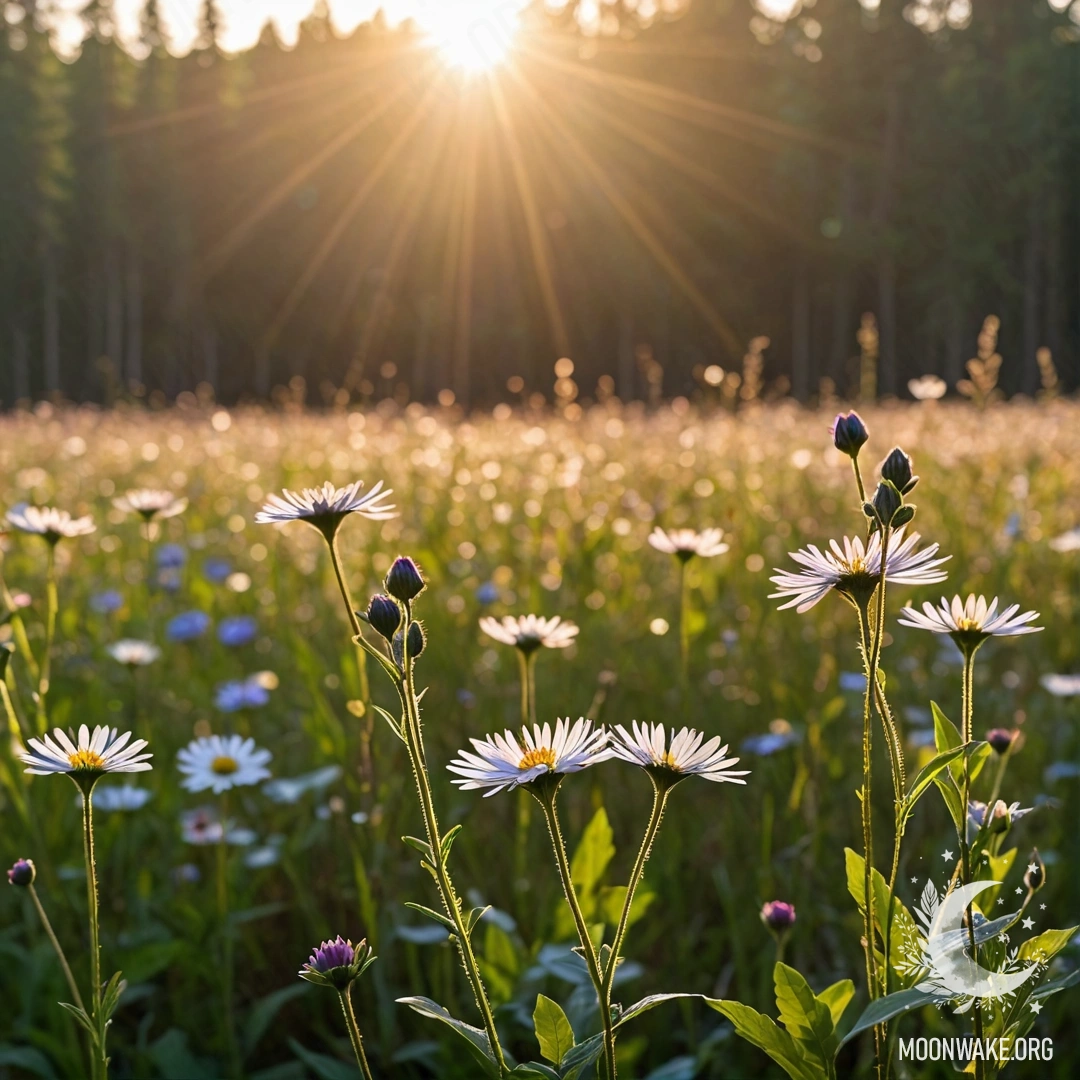 Close-Up of Calming Field Flowers at Sunset Close-up of delicate flowers in a tranquil field with a soft bokeh background of a forest and sun rays streaming through at sunset.