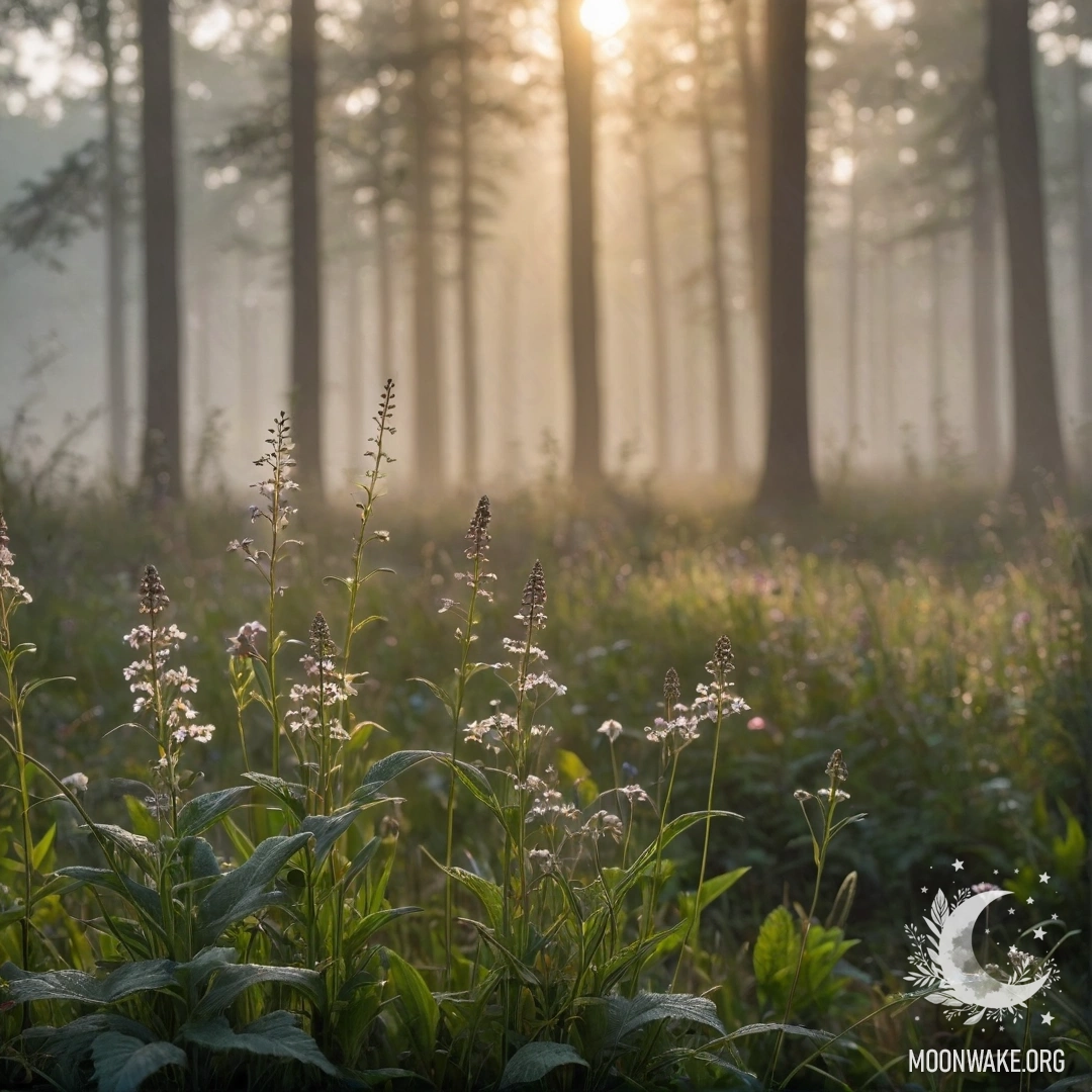 Tranquil Field of Flowers in Misty Forest Close-up of vibrant flowers in a serene field, set against a blurred forest background with sun rays shining through mist.
