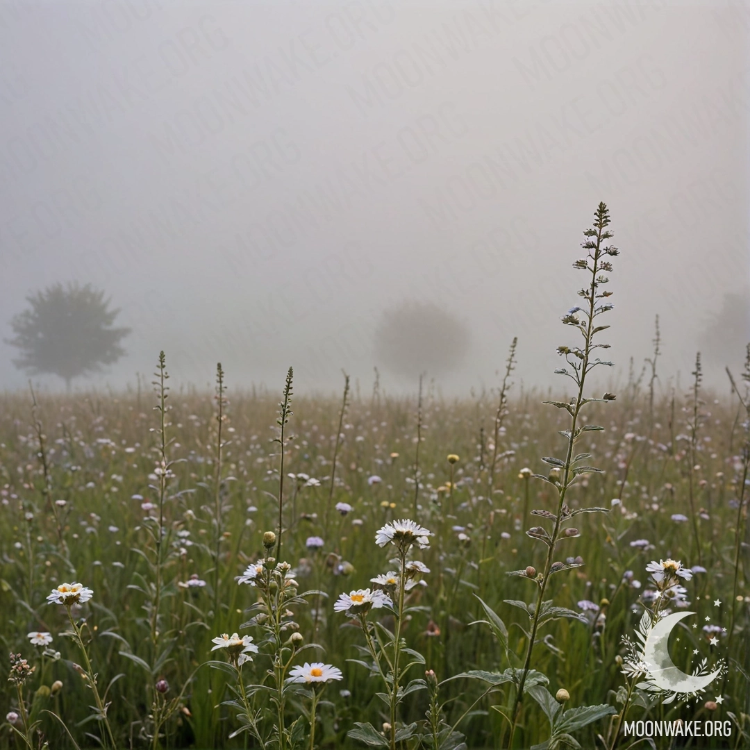 Close-up of flowers in a field with a blurred sky and dense fog.