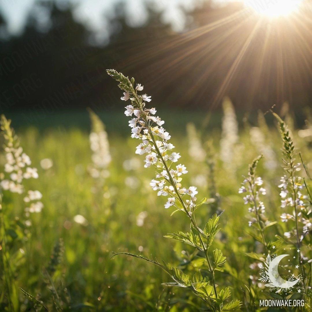 A close-up view of delicate flowers in a serene field, with a blurred background of colorful blooms and gentle sun rays filtering through.