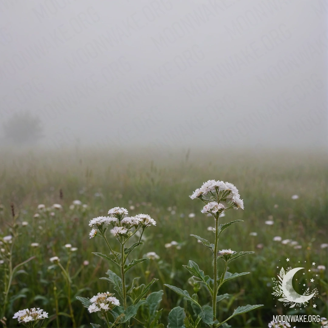 Calm Field Flowers in Mist Close-up of flowers in a calm field with a blurred sky and clouds in heavy mist.