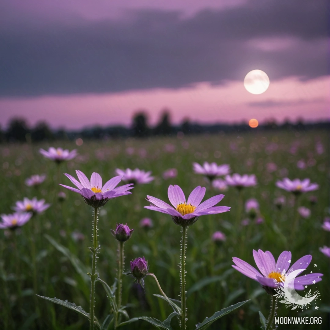 Close-up of colorful field flowers with a pink violet sky and a moon in the background.