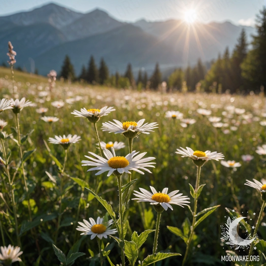 Close-up of delicate flowers with blurred mountains in the background and sun rays illuminating the scene.