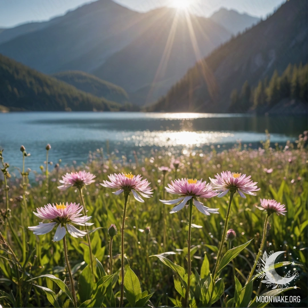 A close-up of colorful flowers in a tranquil field with a bokeh background of a mountain lake and sun rays shimmering.