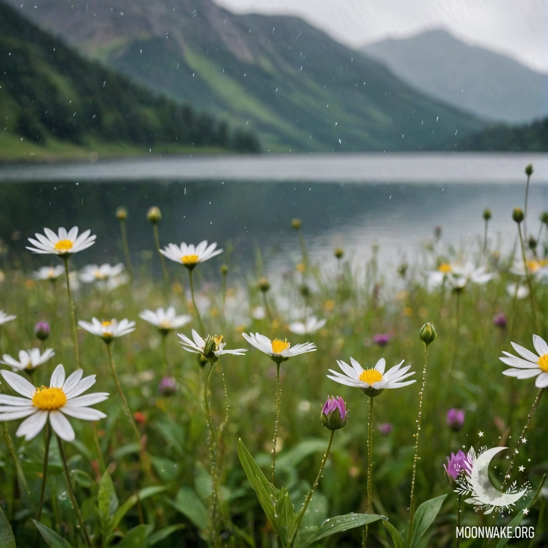 Close-up of colorful flowers in a field with a blurred mountain lake in the background, gently raining.